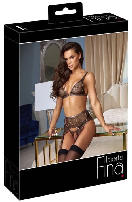 Abierta Fina 3-Piece Garter Set with Ouvert Thong & Rose Gold Chains – Black S/M