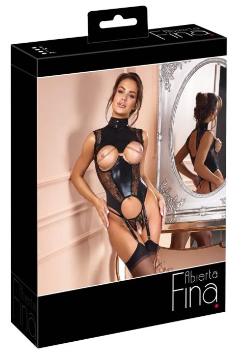 Abierta Fina Ouvert Suspender Basque with Chains & Thong – Black/Rose Gold S/M
