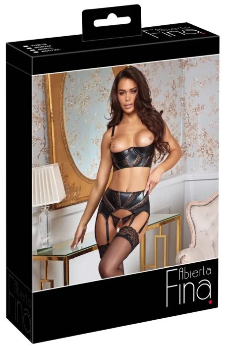 Abierta Fina 3-Piece Ouvert Set with Lifting Bra & Garters – Black S/M